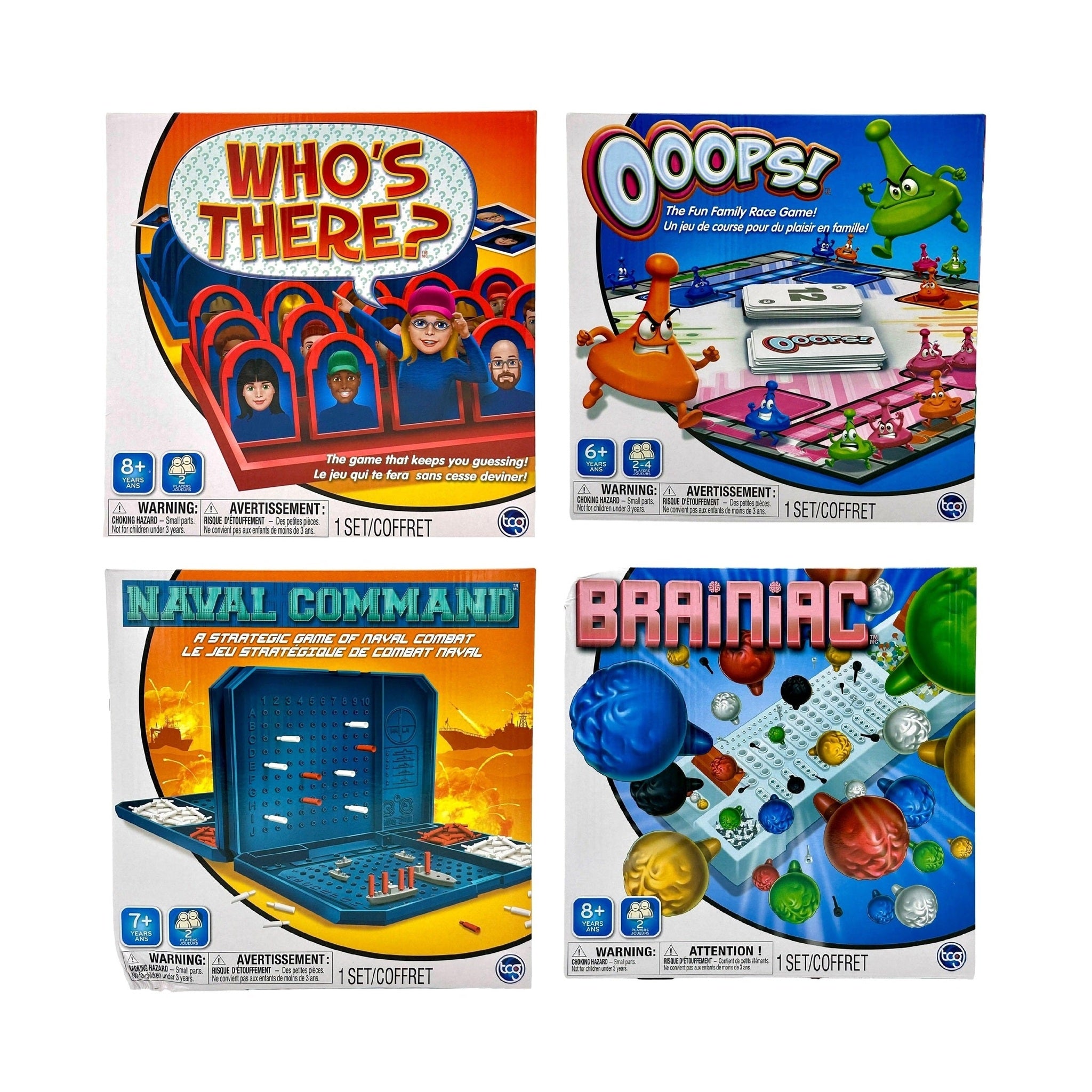 Four game boxes: "Who's There?", "Ooops!", "Naval Command", and "Brainiac".
